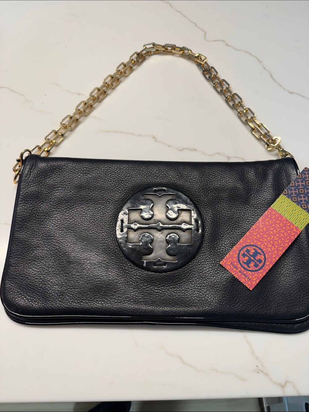 Tory Burch Black Leather Shoulder Bag with Gold Chain